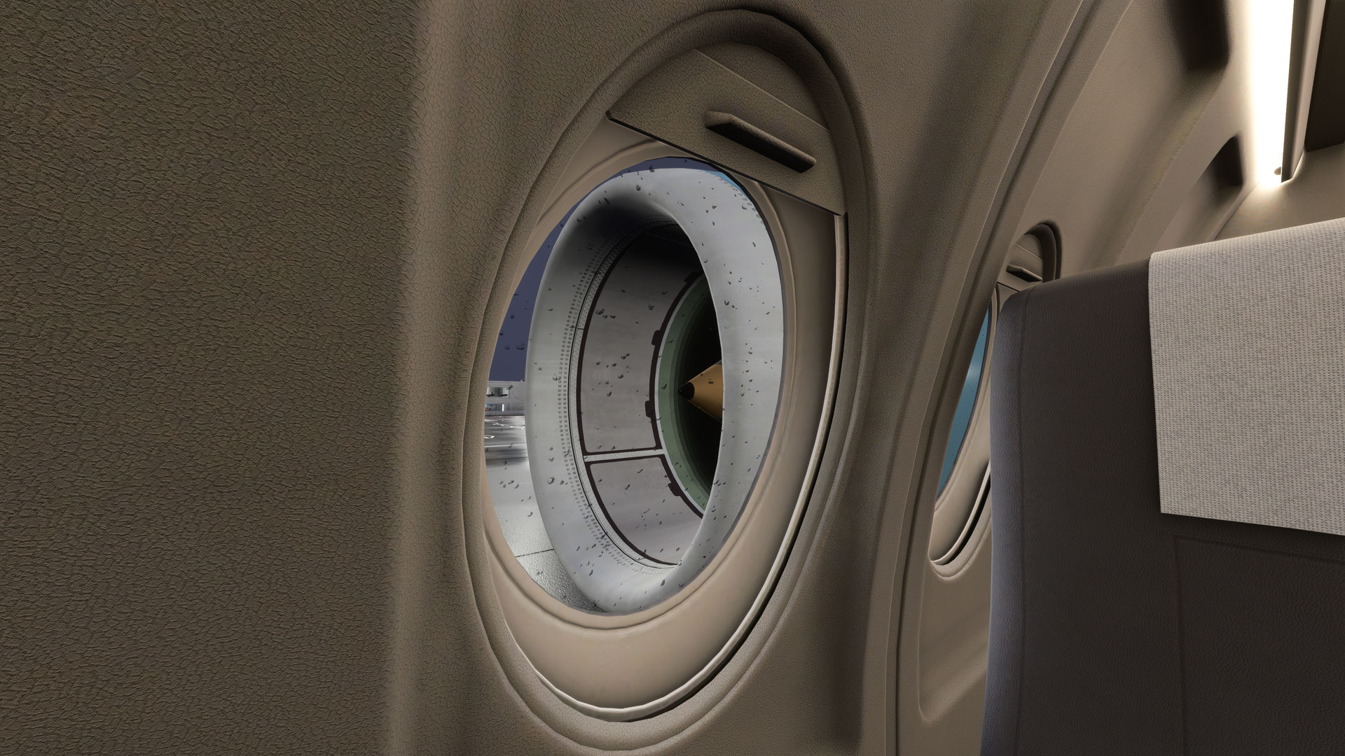 Vista da cabine de passageiros do Fokker 100